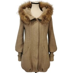 Vero Moda Wool Blend Button Front Tan Coat Racoon Fur Hood - Sz S